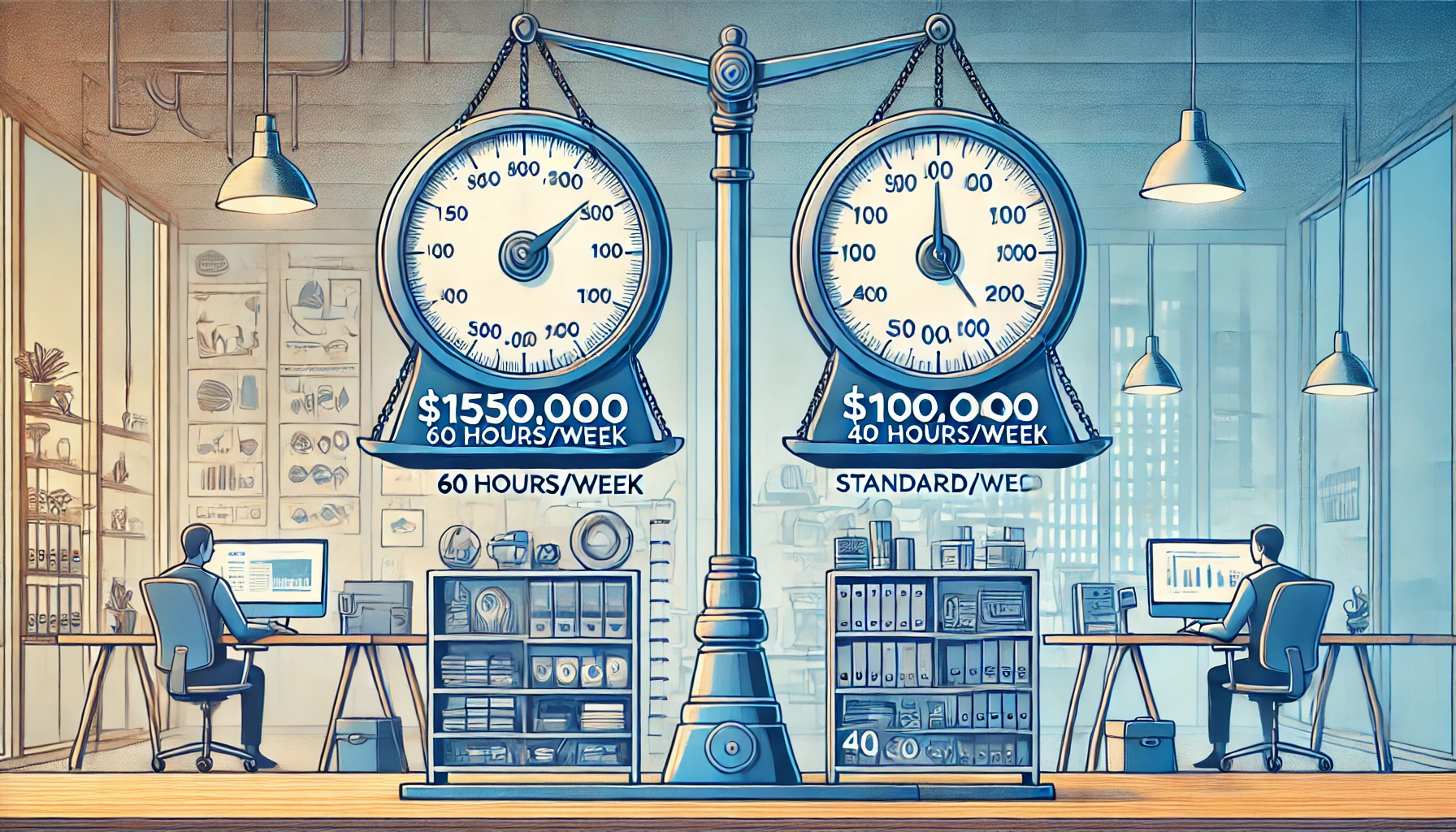 A conceptual illustration that visually represents the concept of earnings versus time investment. The image shows two scales_ one scale depicts $150