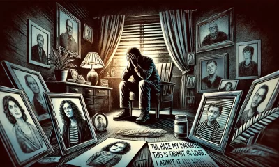 A dramatic wide-angle illustration depicting a conflicted parent sitting alone in a dimly lit room, their face buried in their hands, surrounded by fa