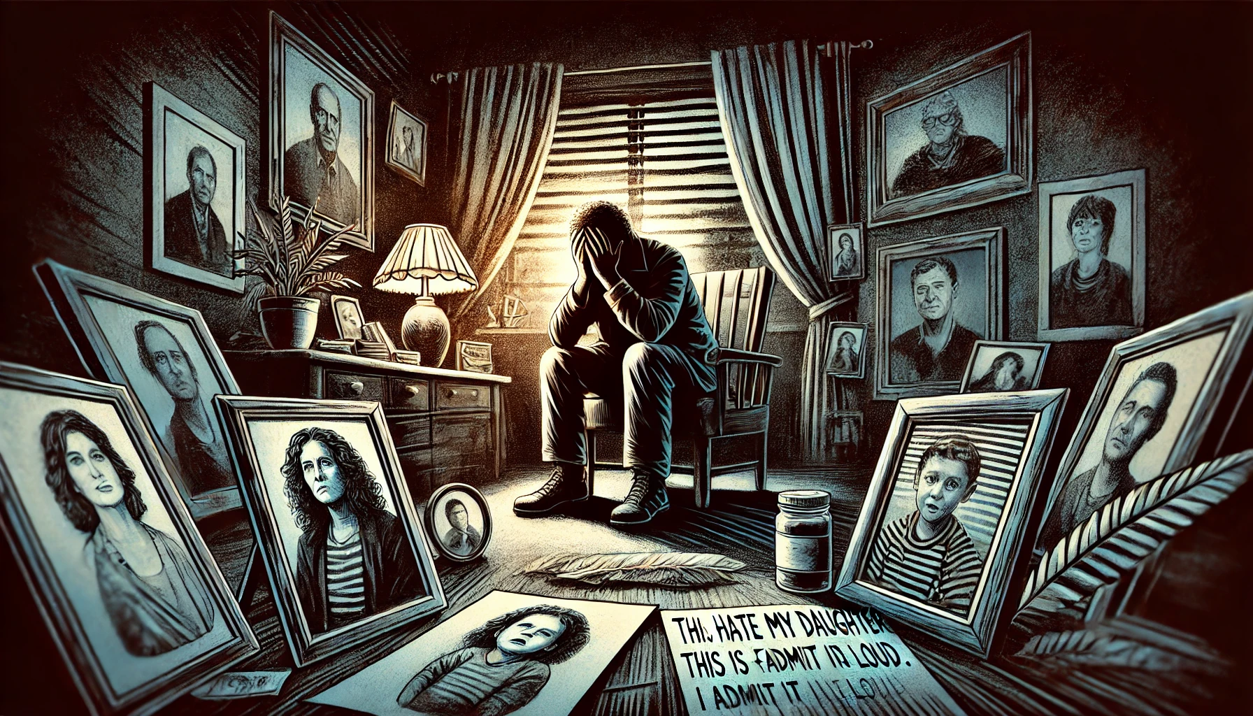 A dramatic wide-angle illustration depicting a conflicted parent sitting alone in a dimly lit room, their face buried in their hands, surrounded by fa