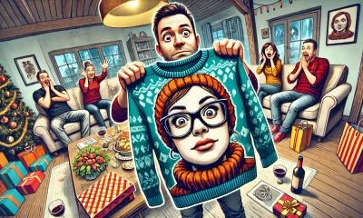 A humorous and light-hearted wide-angle illustration depicting a surprised young man holding up a sweater with a large, comical image of a woman’s fac.