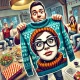 A humorous and light-hearted wide-angle illustration depicting a surprised young man holding up a sweater with a large, comical image of a woman’s fac.