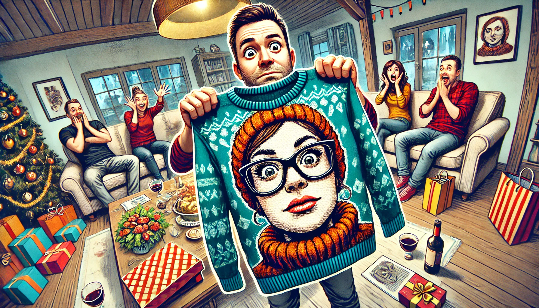 A humorous and light-hearted wide-angle illustration depicting a surprised young man holding up a sweater with a large, comical image of a woman’s fac.