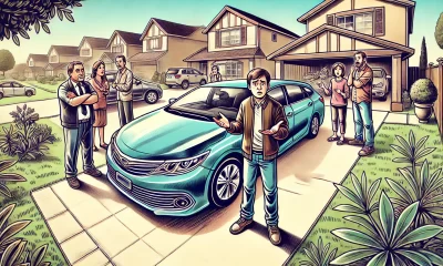 A wide-angle illustration showing a shiny new car parked in a driveway, with a family gathering in the background. Some relatives are enthusiastically