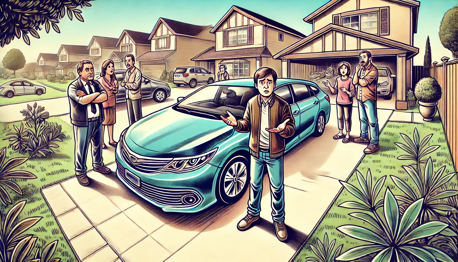 A wide-angle illustration showing a shiny new car parked in a driveway, with a family gathering in the background. Some relatives are enthusiastically