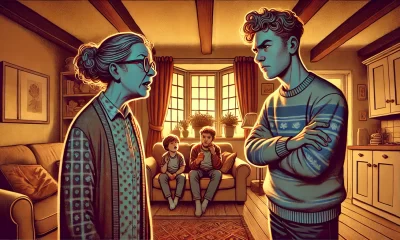 A wide-angle illustration showing a tense family moment in a cozy living room. A young parent, visibly frustrated, stands facing an older woman (the m.