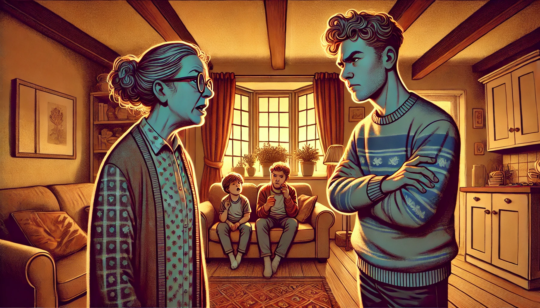 A wide-angle illustration showing a tense family moment in a cozy living room. A young parent, visibly frustrated, stands facing an older woman (the m.