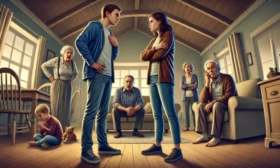 A wide-angle illustration depicting a tense family confrontation. A young couple stands protectively in front of their children in a living room, whil.