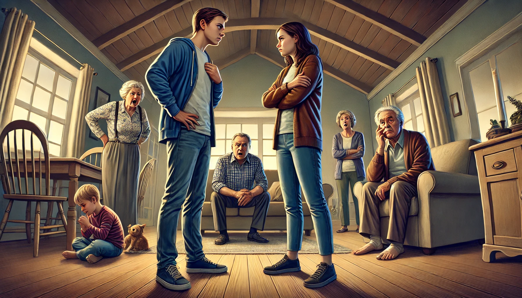 A wide-angle illustration depicting a tense family confrontation. A young couple stands protectively in front of their children in a living room, whil.