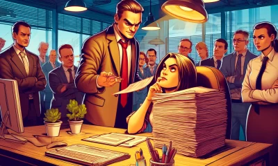 A wide-angle illustration showing a workplace setting with an annoyed employee sitting at their desk, visibly frustrated, while their overbearing boss