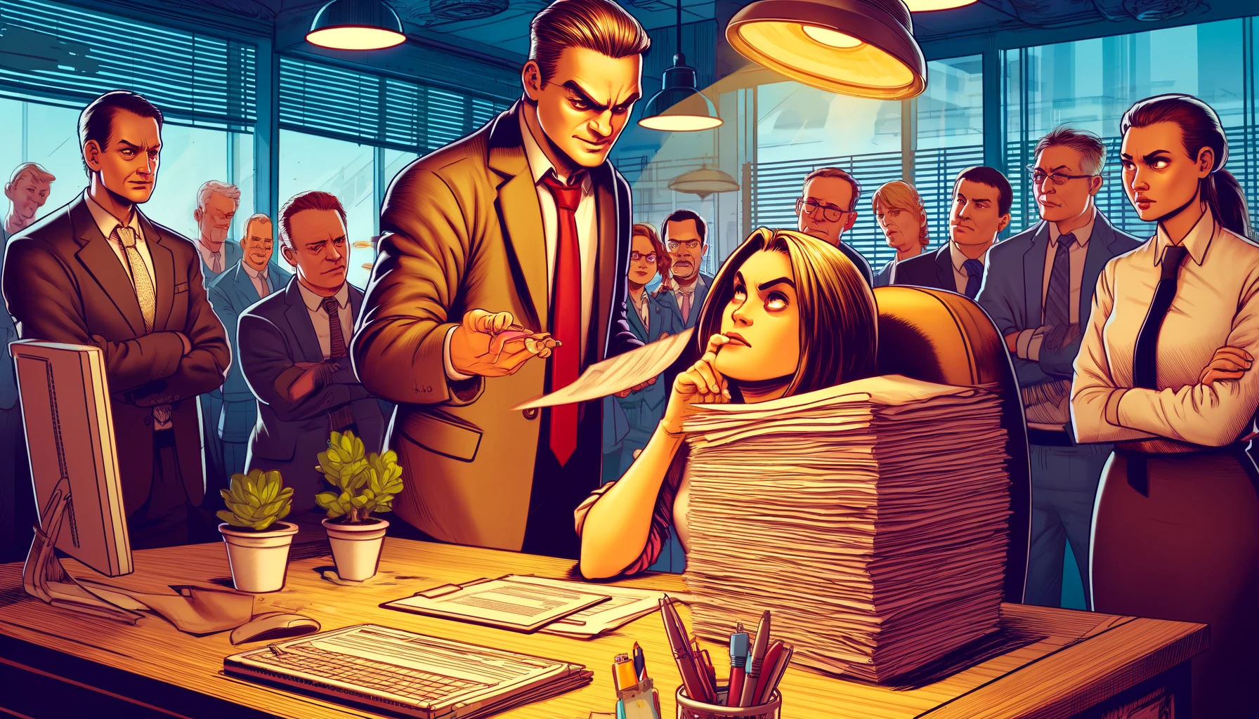 A wide-angle illustration showing a workplace setting with an annoyed employee sitting at their desk, visibly frustrated, while their overbearing boss