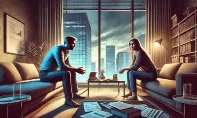 A wide-angle illustration capturing the emotional tension of a couple having a serious conversation in a modern apartment. The man looks firm and reso