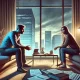 A wide-angle illustration capturing the emotional tension of a couple having a serious conversation in a modern apartment. The man looks firm and reso