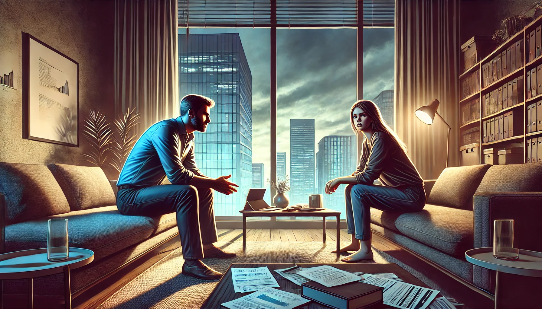 A wide-angle illustration capturing the emotional tension of a couple having a serious conversation in a modern apartment. The man looks firm and reso