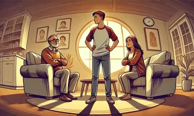 A wide angle illustration showing a tense family conversation in a warmly lit living room. A young adult stands assertively, facing their parents, who.