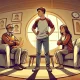 A wide angle illustration showing a tense family conversation in a warmly lit living room. A young adult stands assertively, facing their parents, who.