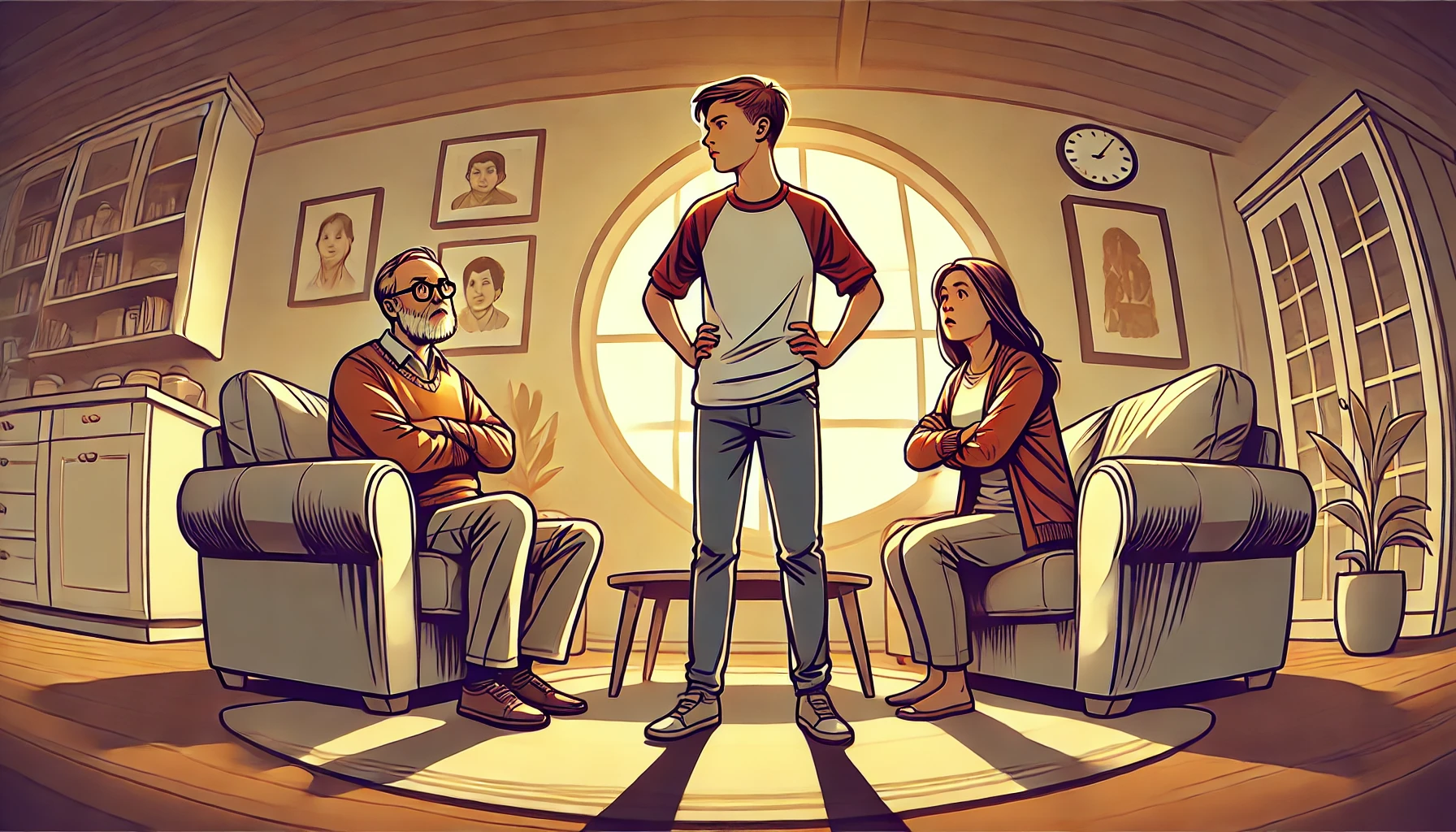 A wide angle illustration showing a tense family conversation in a warmly lit living room. A young adult stands assertively, facing their parents, who.