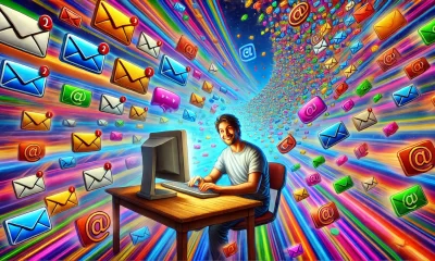 A surreal and humorous digital illustration showing a person sitting at a computer, looking mischievous and typing in a vibrant online chatroom. The b.