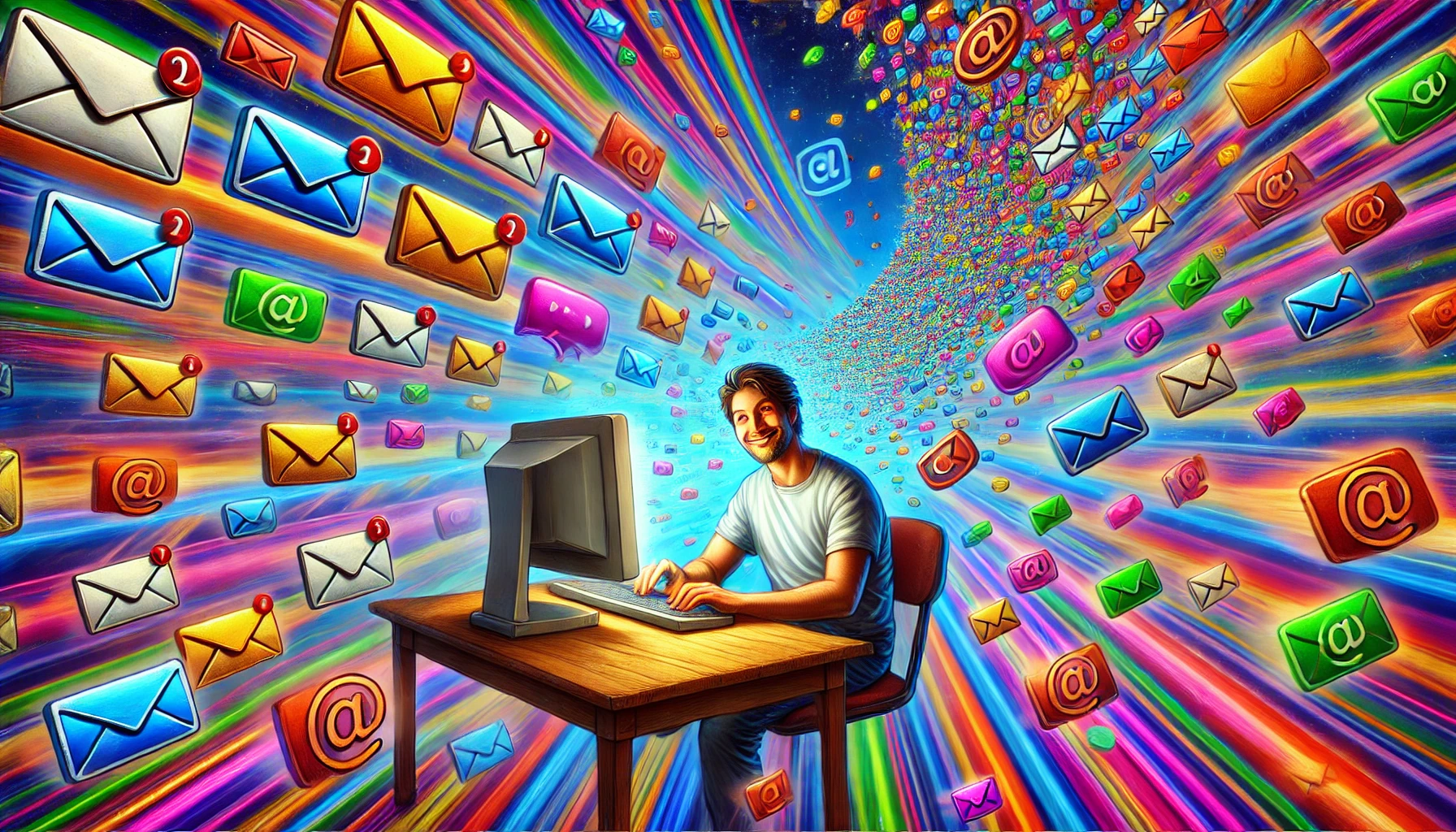 A surreal and humorous digital illustration showing a person sitting at a computer, looking mischievous and typing in a vibrant online chatroom. The b.