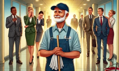 A heartfelt and powerful illustration depicting a dignified janitor, an older man with a kind but strong demeanor, standing confidently in a clean and