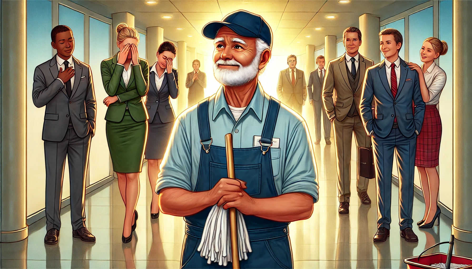 A heartfelt and powerful illustration depicting a dignified janitor, an older man with a kind but strong demeanor, standing confidently in a clean and