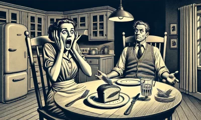 A darkly comedic and surreal illustration depicting a shocked and horrified woman sitting at a dining table, staring at a plate of food. Her husband