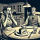 A darkly comedic and surreal illustration depicting a shocked and horrified woman sitting at a dining table, staring at a plate of food. Her husband