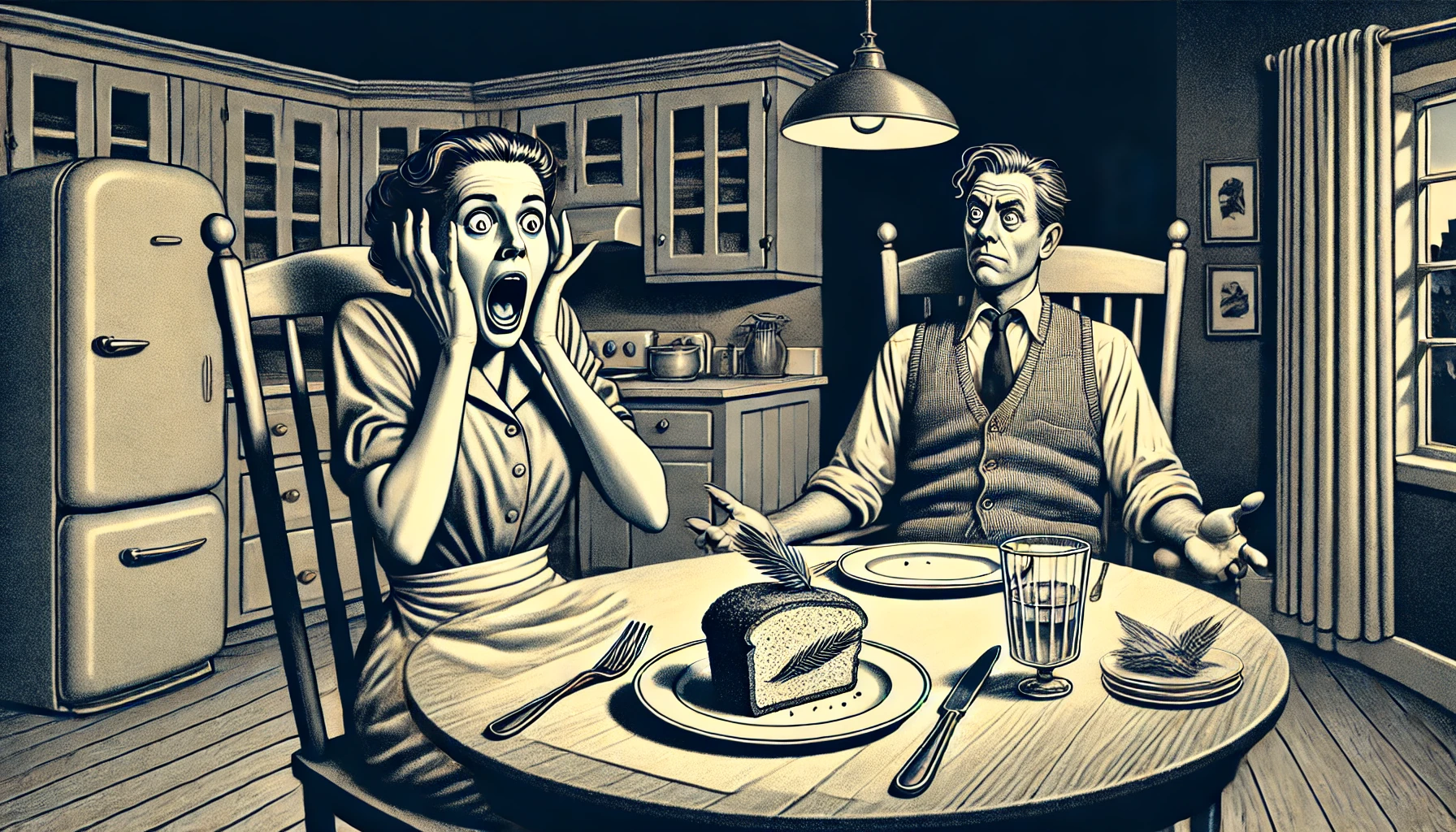 A darkly comedic and surreal illustration depicting a shocked and horrified woman sitting at a dining table, staring at a plate of food. Her husband