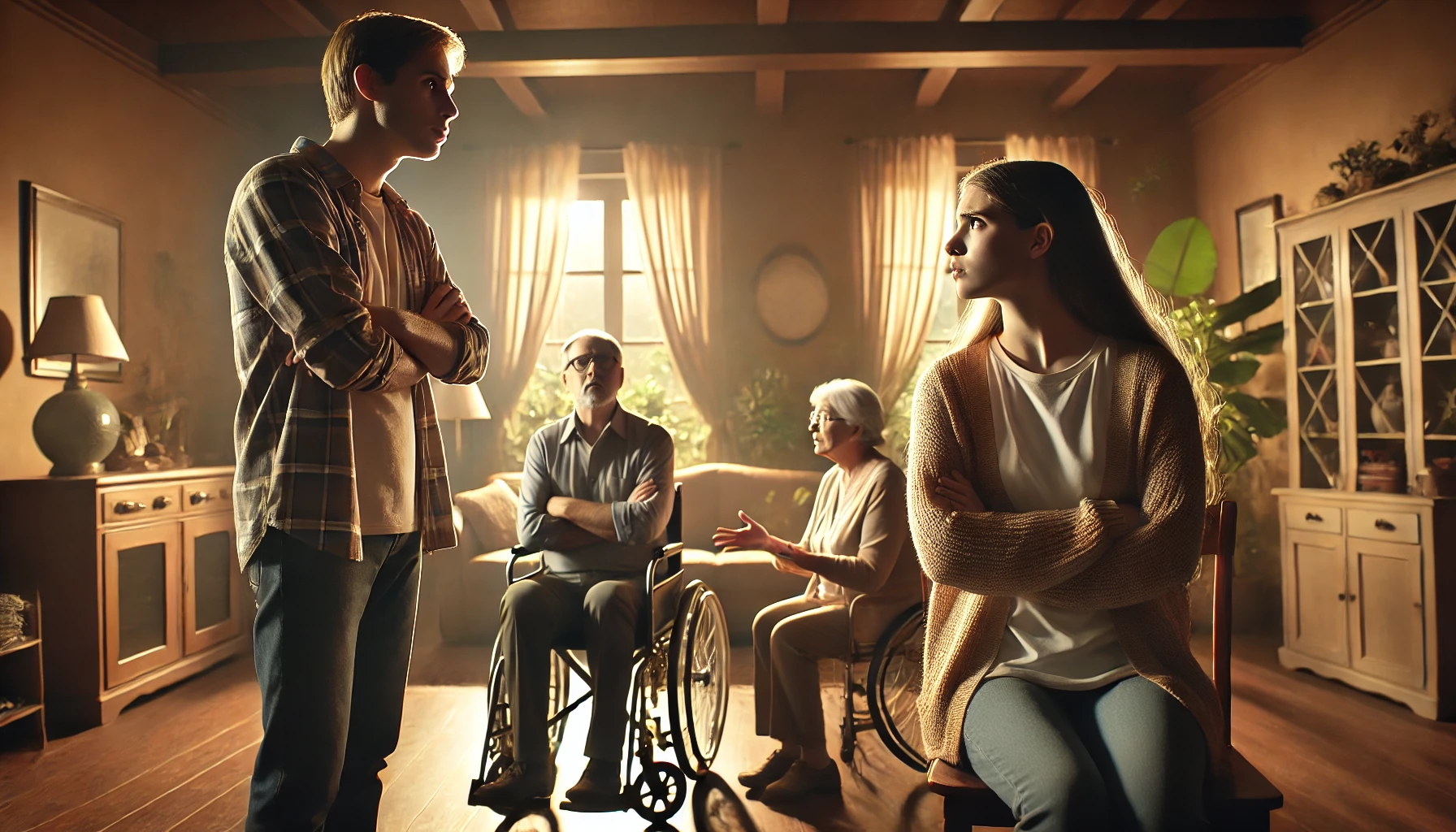 A dramatic and emotionally charged illustration showing a family argument in a warm, well-furnished living room. A young adult, clearly upset, stands