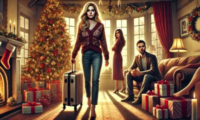 A dramatic and emotional illustration depicting a woman walking away from a family scene on Christmas, holding a suitcase. In the background, a man an.