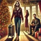 A dramatic and emotional illustration depicting a woman walking away from a family scene on Christmas, holding a suitcase. In the background, a man an.