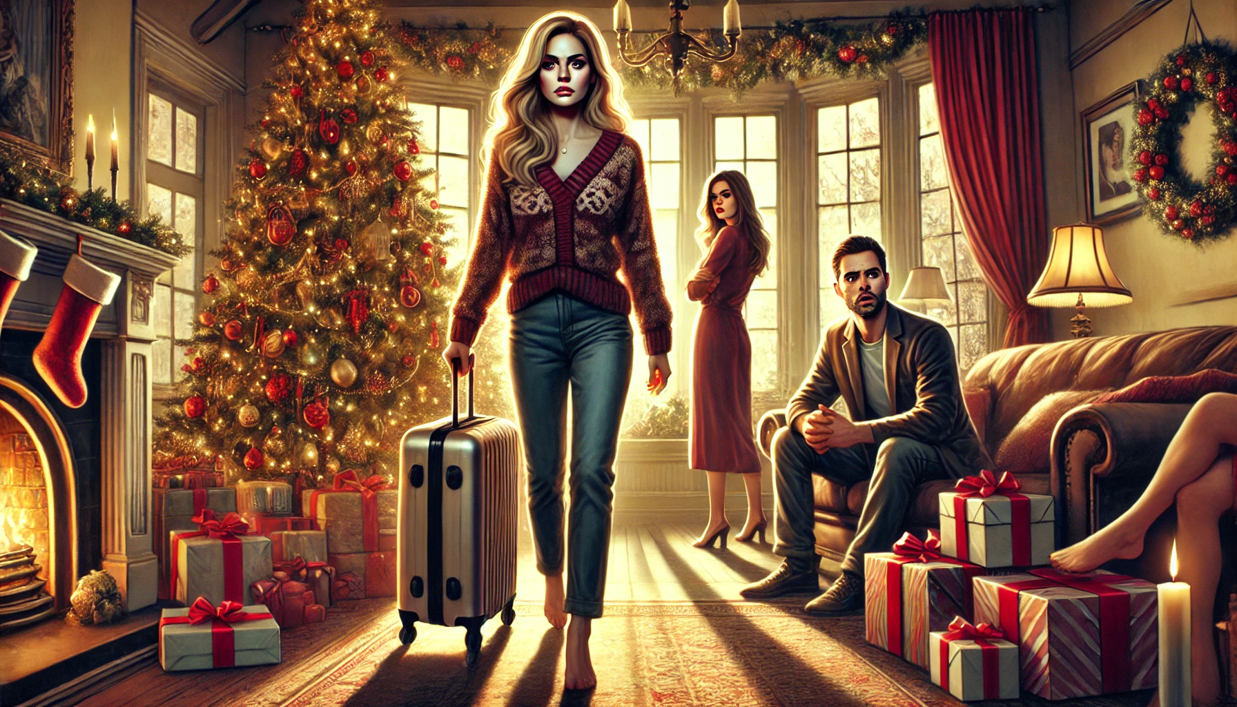 A dramatic and emotional illustration depicting a woman walking away from a family scene on Christmas, holding a suitcase. In the background, a man an.