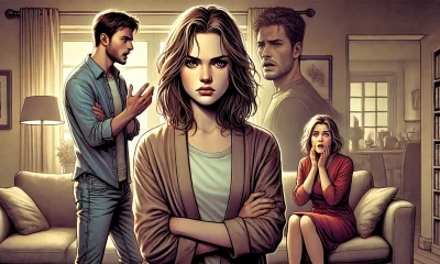 A dramatic and emotionally charged illustration depicting a young woman standing in a living room, confronting her mother's boyfriend. The young woman