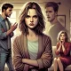 A dramatic and emotionally charged illustration depicting a young woman standing in a living room, confronting her mother's boyfriend. The young woman