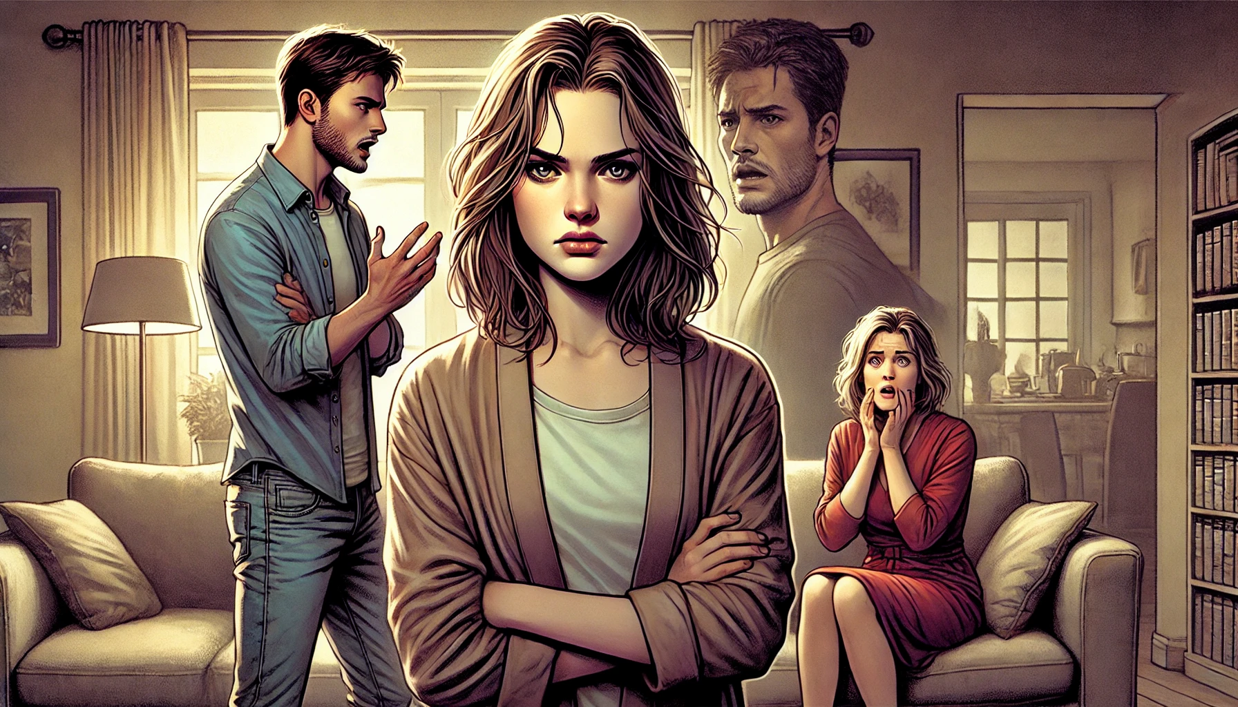 A dramatic and emotionally charged illustration depicting a young woman standing in a living room, confronting her mother's boyfriend. The young woman