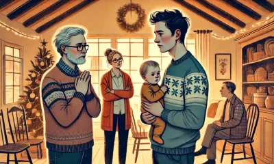 A thoughtful and emotionally charged illustration depicting a young couple holding their baby, standing across from a set of older parents in a cozy