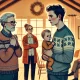 A thoughtful and emotionally charged illustration depicting a young couple holding their baby, standing across from a set of older parents in a cozy