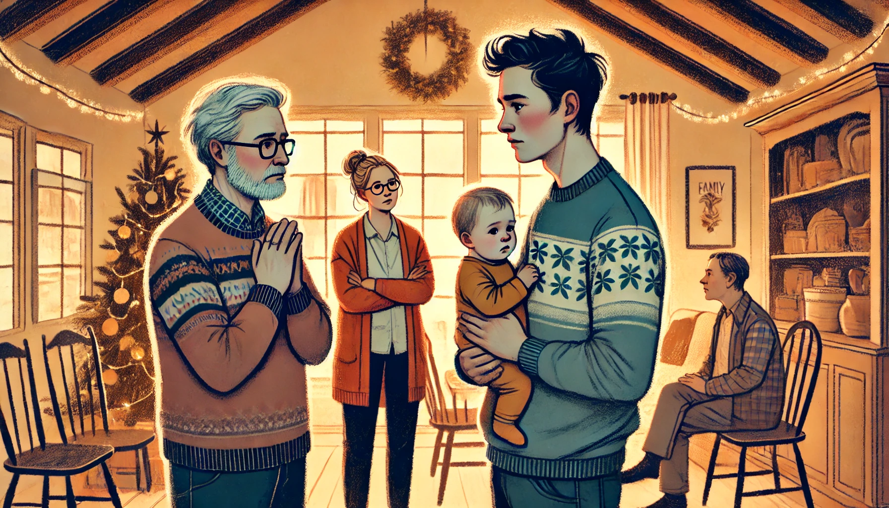 A thoughtful and emotionally charged illustration depicting a young couple holding their baby, standing across from a set of older parents in a cozy