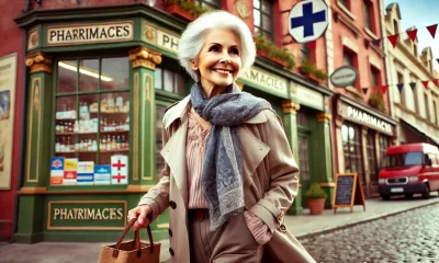 An 85-year-old grandmother with a feisty and determined attitude, walking briskly through a lively town with several pharmacies in the background. She.