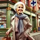 An 85-year-old grandmother with a feisty and determined attitude, walking briskly through a lively town with several pharmacies in the background. She.