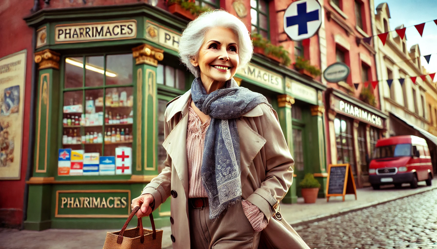 An 85-year-old grandmother with a feisty and determined attitude, walking briskly through a lively town with several pharmacies in the background. She.