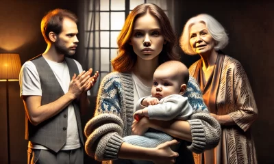 A dramatic and emotionally charged scene showing a young mother holding her baby, who resembles her closely, with a sad yet determined expression. In