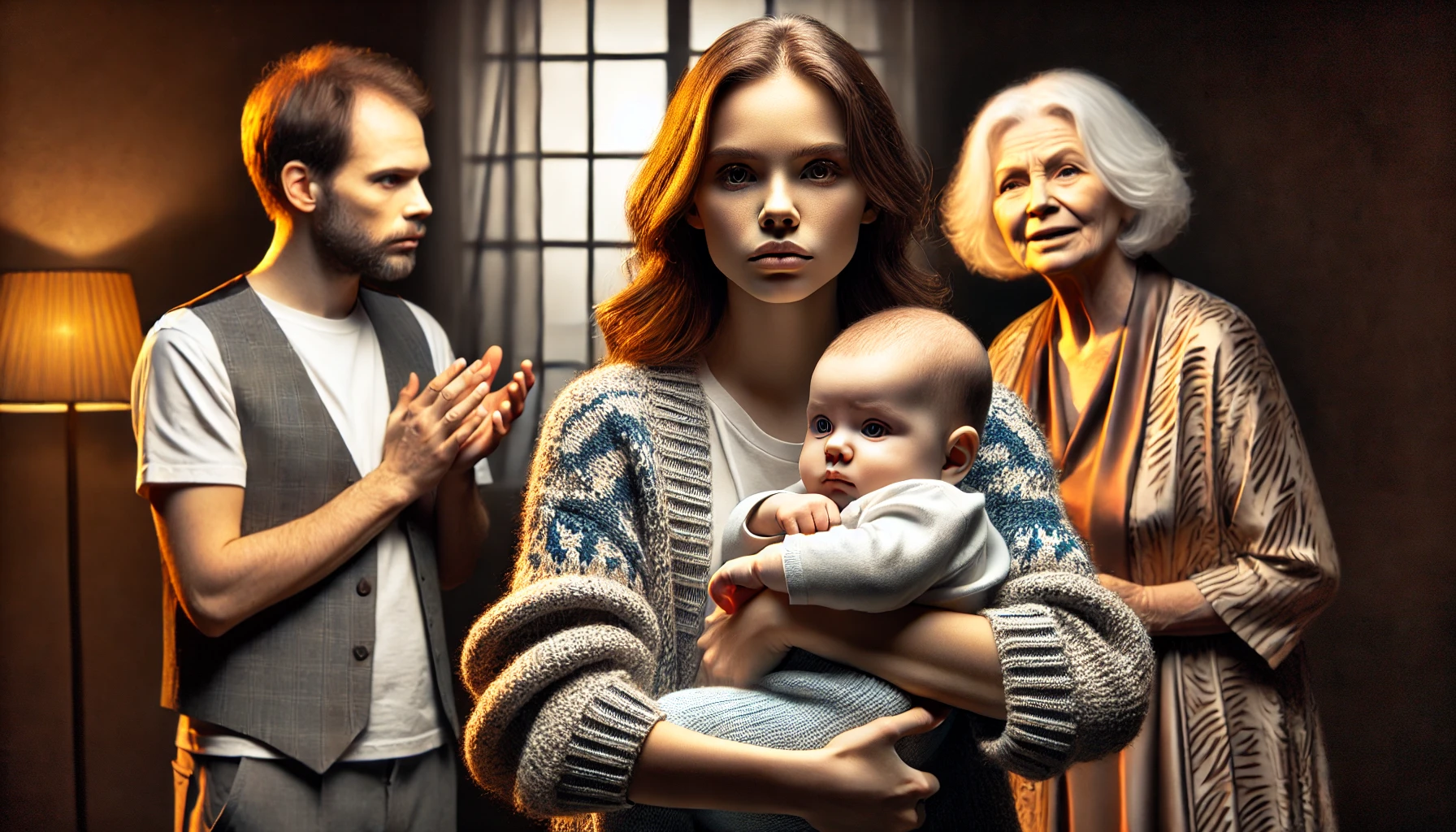 A dramatic and emotionally charged scene showing a young mother holding her baby, who resembles her closely, with a sad yet determined expression. In