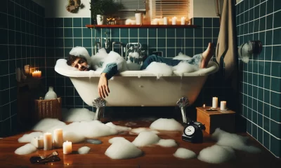 A humorous and slightly chaotic scene showing a person who has fallen asleep in a bathtub overflowing with bubbles. The bathroom is cozy but cluttered