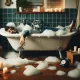 A humorous and slightly chaotic scene showing a person who has fallen asleep in a bathtub overflowing with bubbles. The bathroom is cozy but cluttered