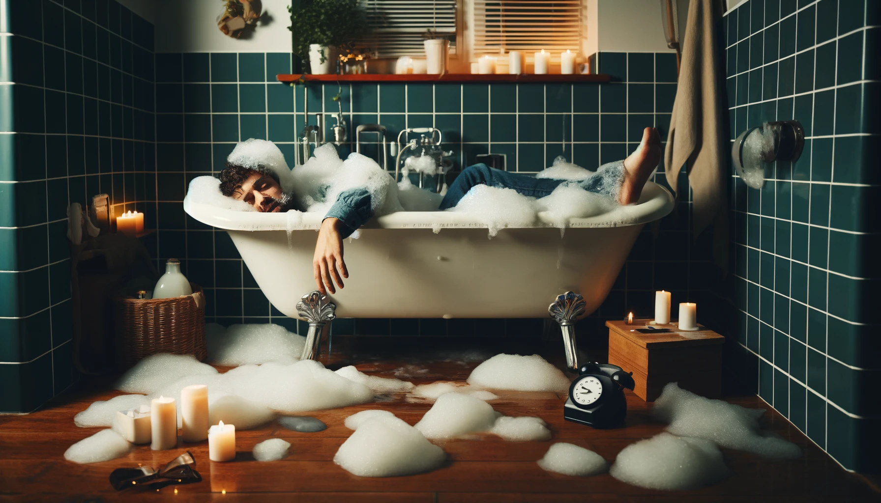 A humorous and slightly chaotic scene showing a person who has fallen asleep in a bathtub overflowing with bubbles. The bathroom is cozy but cluttered