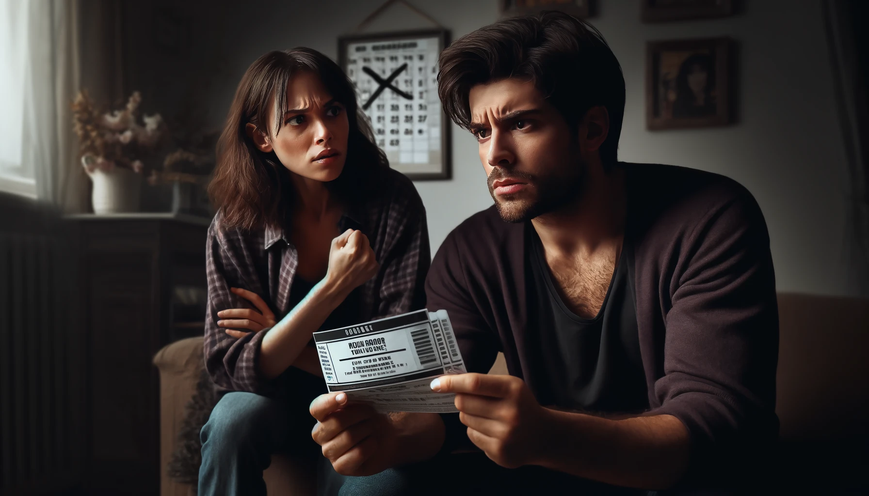 A dramatic and emotional scene showing two friends in a tense confrontation. One friend, holding concert tickets, looks upset and resolute, while the