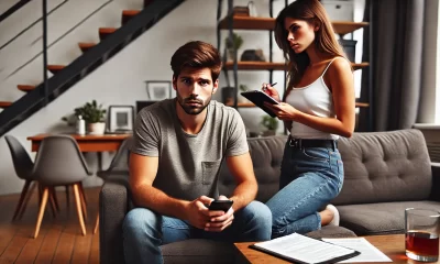 A tense and awkward scene between a couple in a modern living room. The boyfriend looks uncomfortable and defensive while sitting on a couch, and the