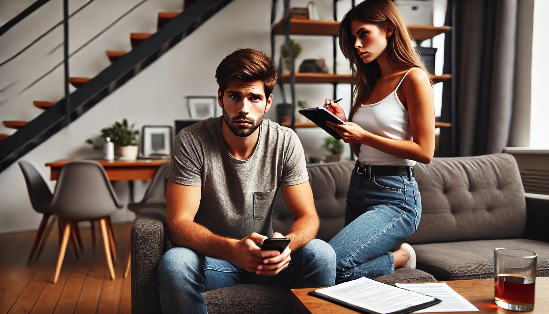 A tense and awkward scene between a couple in a modern living room. The boyfriend looks uncomfortable and defensive while sitting on a couch, and the