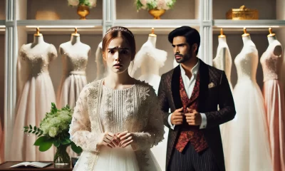 A dramatic and emotionally charged scene showing a young woman looking shocked and uncomfortable in a bridal shop. She is holding a wedding dress whil