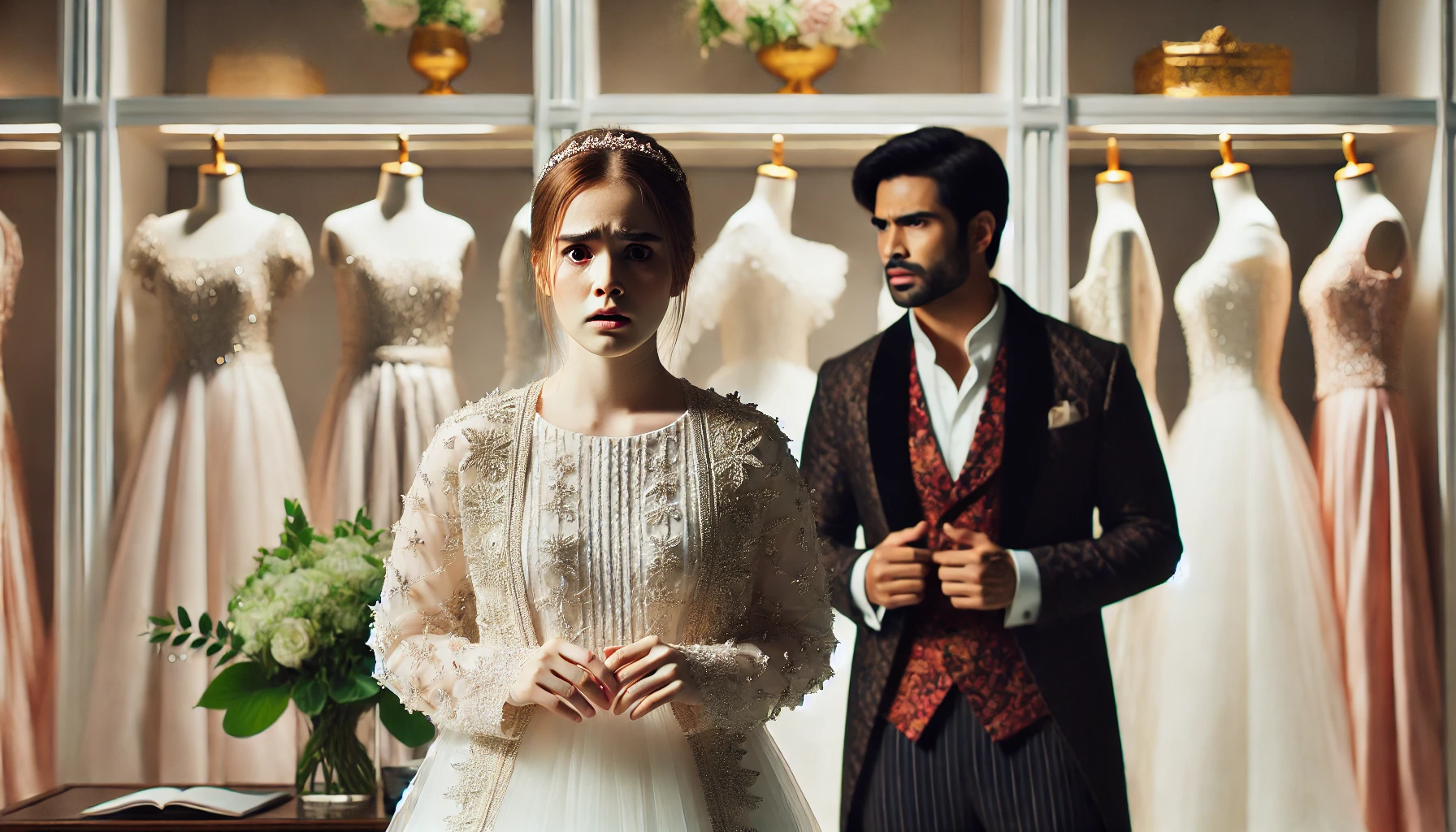 A dramatic and emotionally charged scene showing a young woman looking shocked and uncomfortable in a bridal shop. She is holding a wedding dress whil